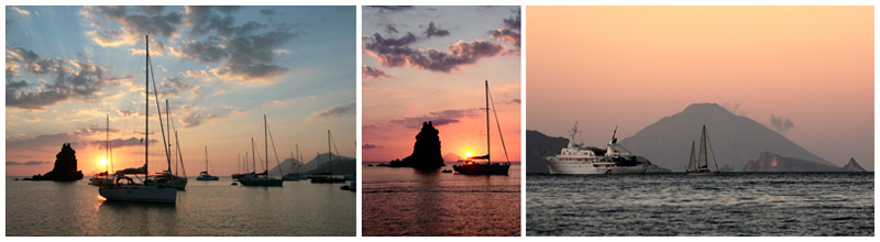 Contesti paesaggistici delle Eolie in barca a vela al tramonto